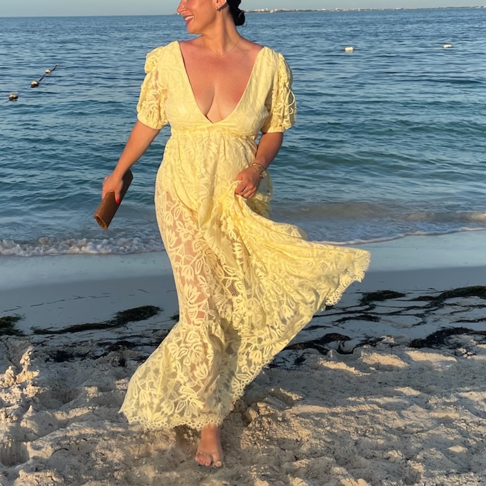 For Love & Lemons Yellow Lace Maxi Dress